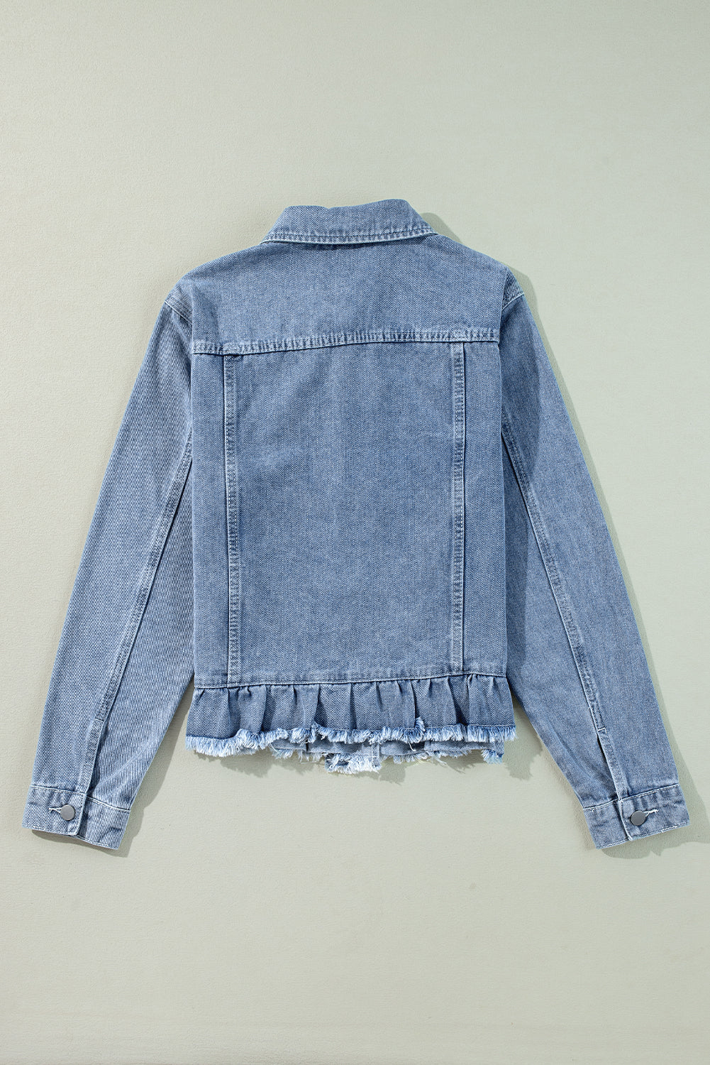 Beau Blue Ruffle Raw Hem Flap Pockets Denim Jacket-Bella Boutique Collective