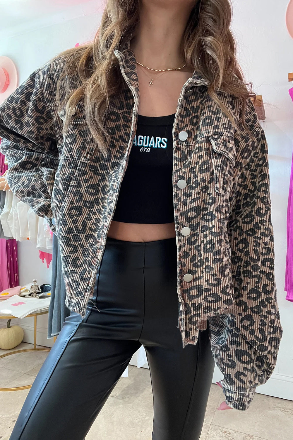 Dark Khaki Leopard Print Corduroy Irregular Hem Buttoned Jacket-Bella Boutique Collective