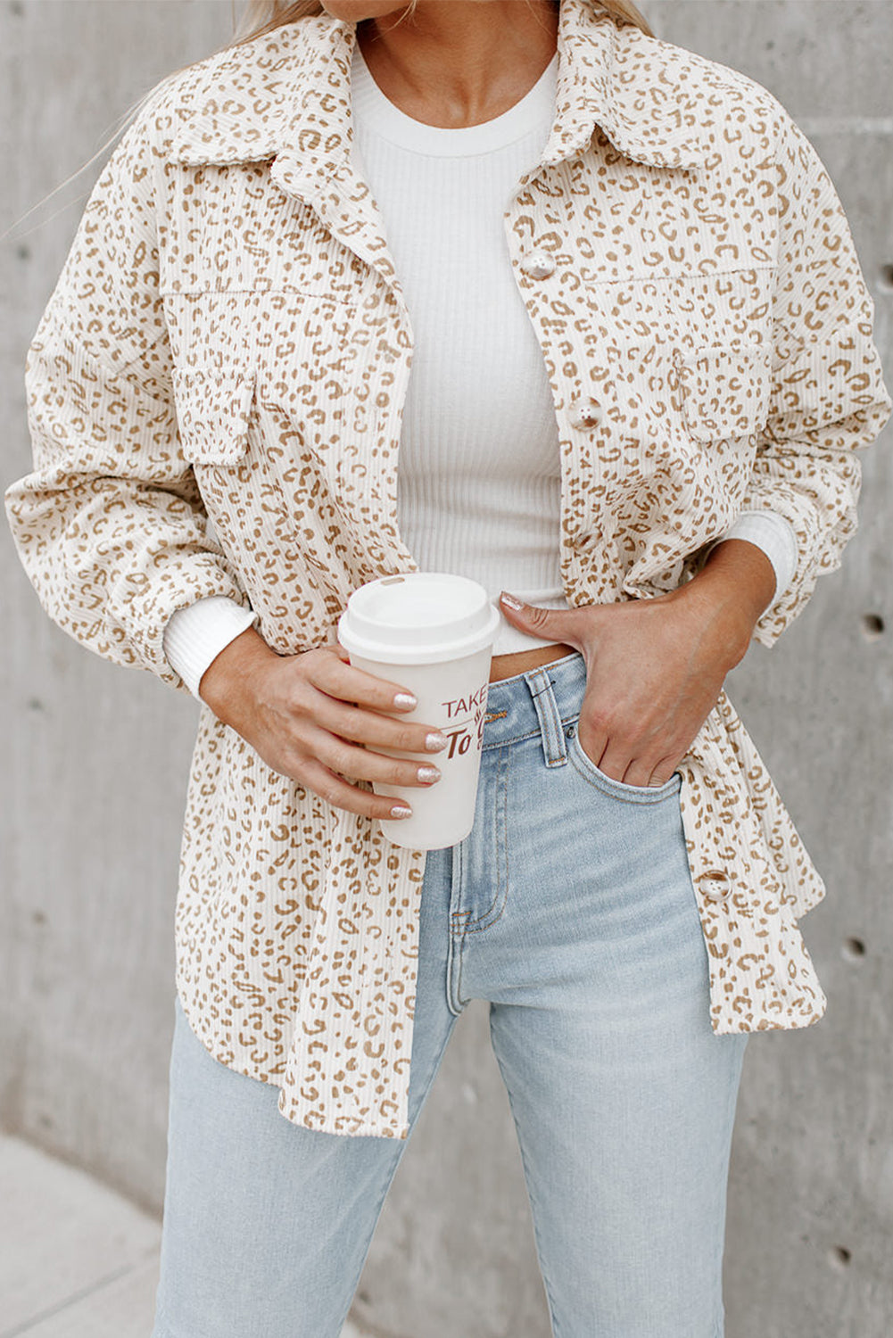 Beige Leopard Print Flap Pockets Buttoned Corduroy Shacket-Bella Boutique Collective