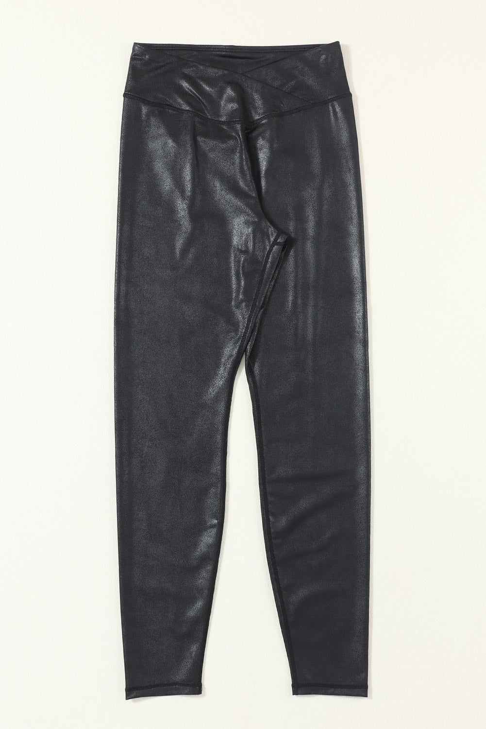 Black Crossed Dip Waist Sleek Leather Leggings-Bella Boutique Collective