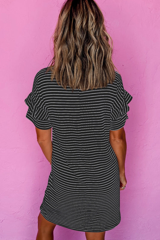 Black Stripe Ruffled Short Sleeve Crew Neck T Shirt Shift Mini Dress-Bella Boutique Collective
