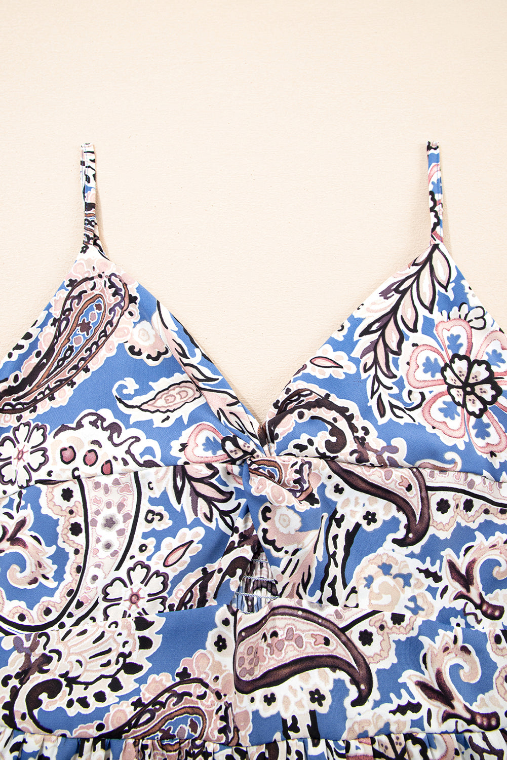 Blue Paisley Print Twist Detail Smocked Back Spaghetti Straps Long Dress-Bella Boutique Collective