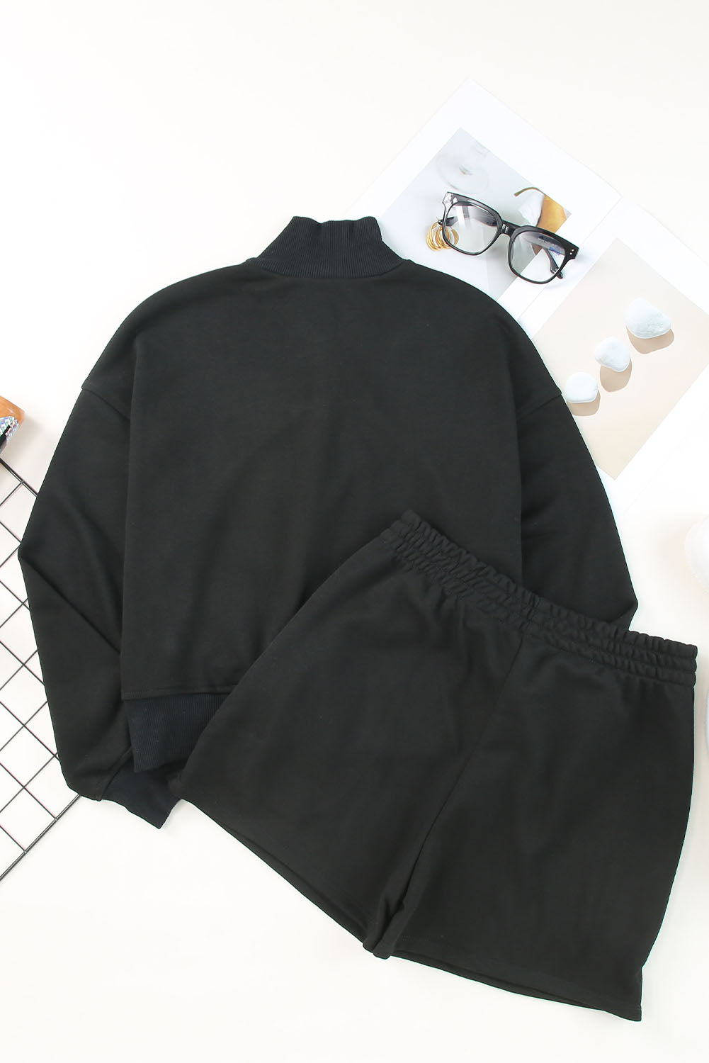 Black Casual High Neck Henley Top and Short Outfit-Bella Boutique Collective