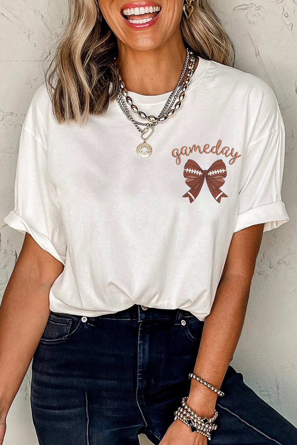 White Game Day Bowknot Embroidered Graphic Casual Tee-Bella Boutique Collective