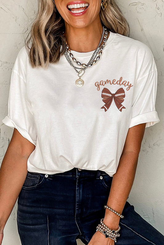 White Game Day Bowknot Embroidered Graphic Casual Tee-Bella Boutique Collective