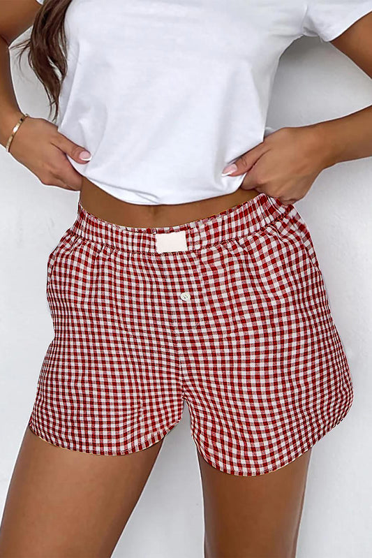 Red Gingham Printed High Waist Shorts-Bella Boutique Collective