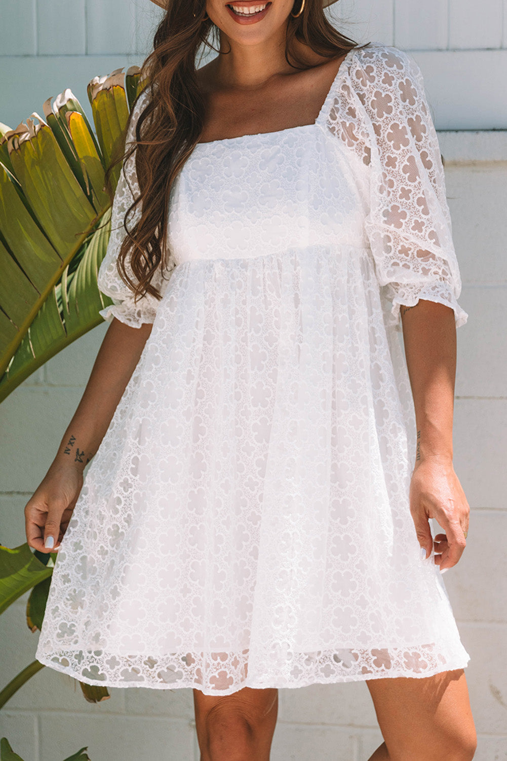 White Floral Lace Puff Sleeve Empire Waist Mini Dress-Bella Boutique Collective