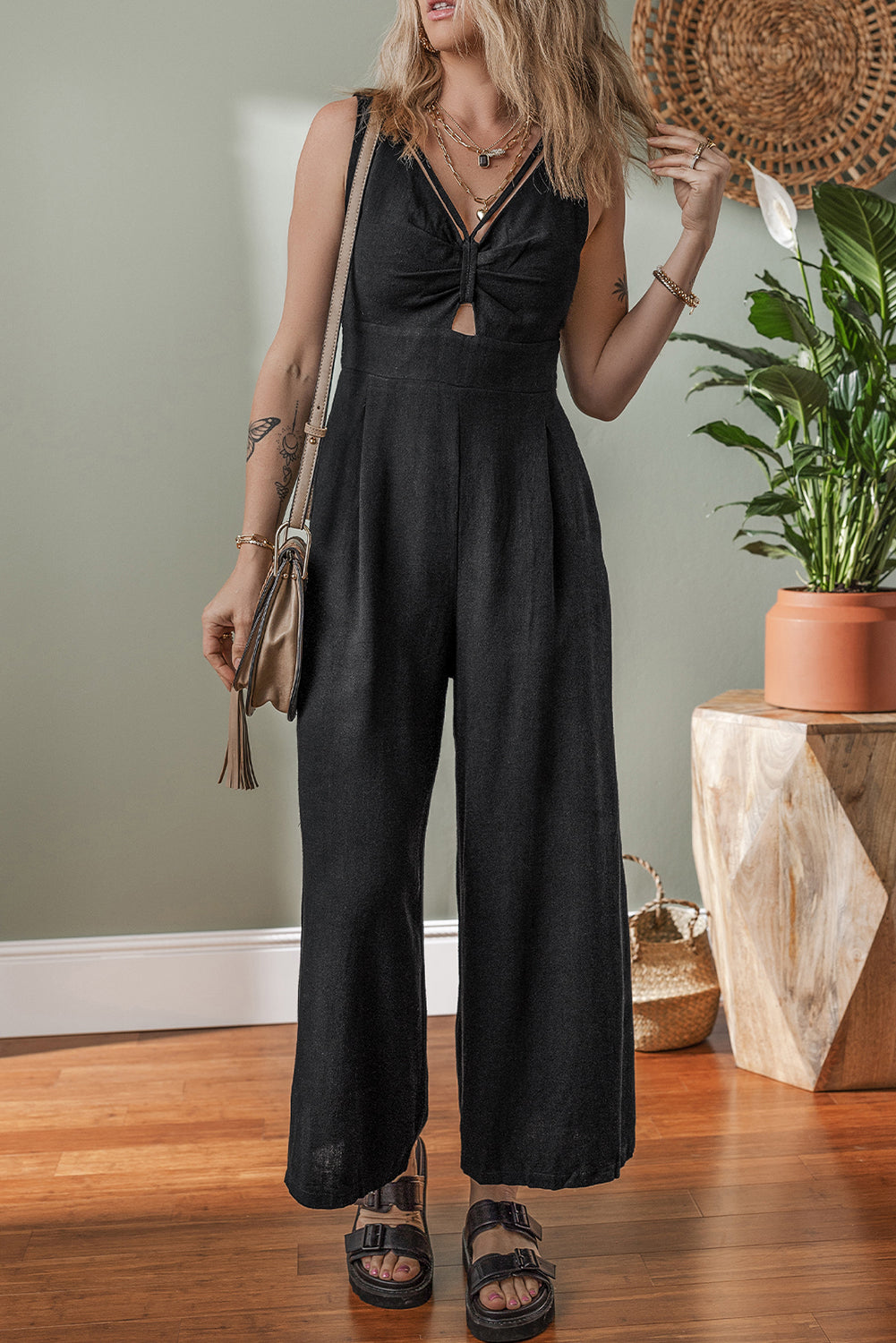 Black Front Cut Out Smocked Back Sleeveless Wide Leg Jumpsuit-Bella Boutique Collective