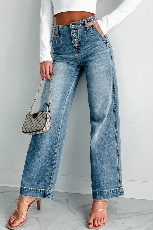 Dusk Blue Multi Buttons Medium Wash Straight Loose Leg Jeans-Bella Boutique Collective