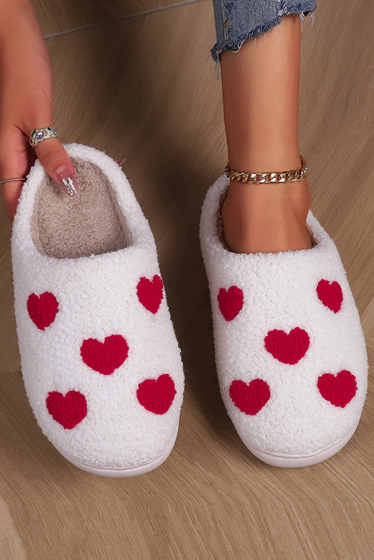 White Valentines Day Hearts Print Plush House Slippers-Bella Boutique Collective