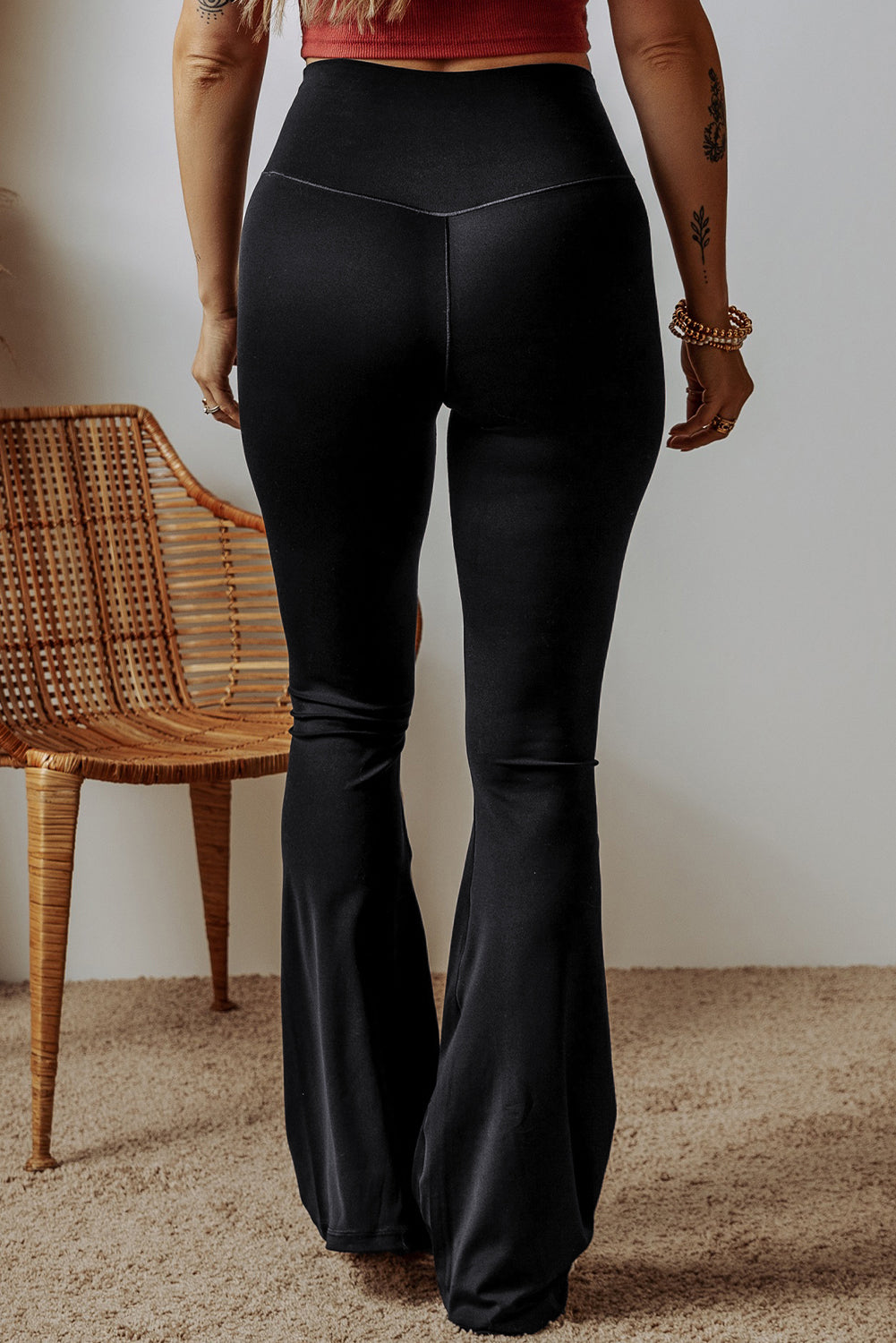 Black V Shape High Waist Flared Leggings-Bella Boutique Collective