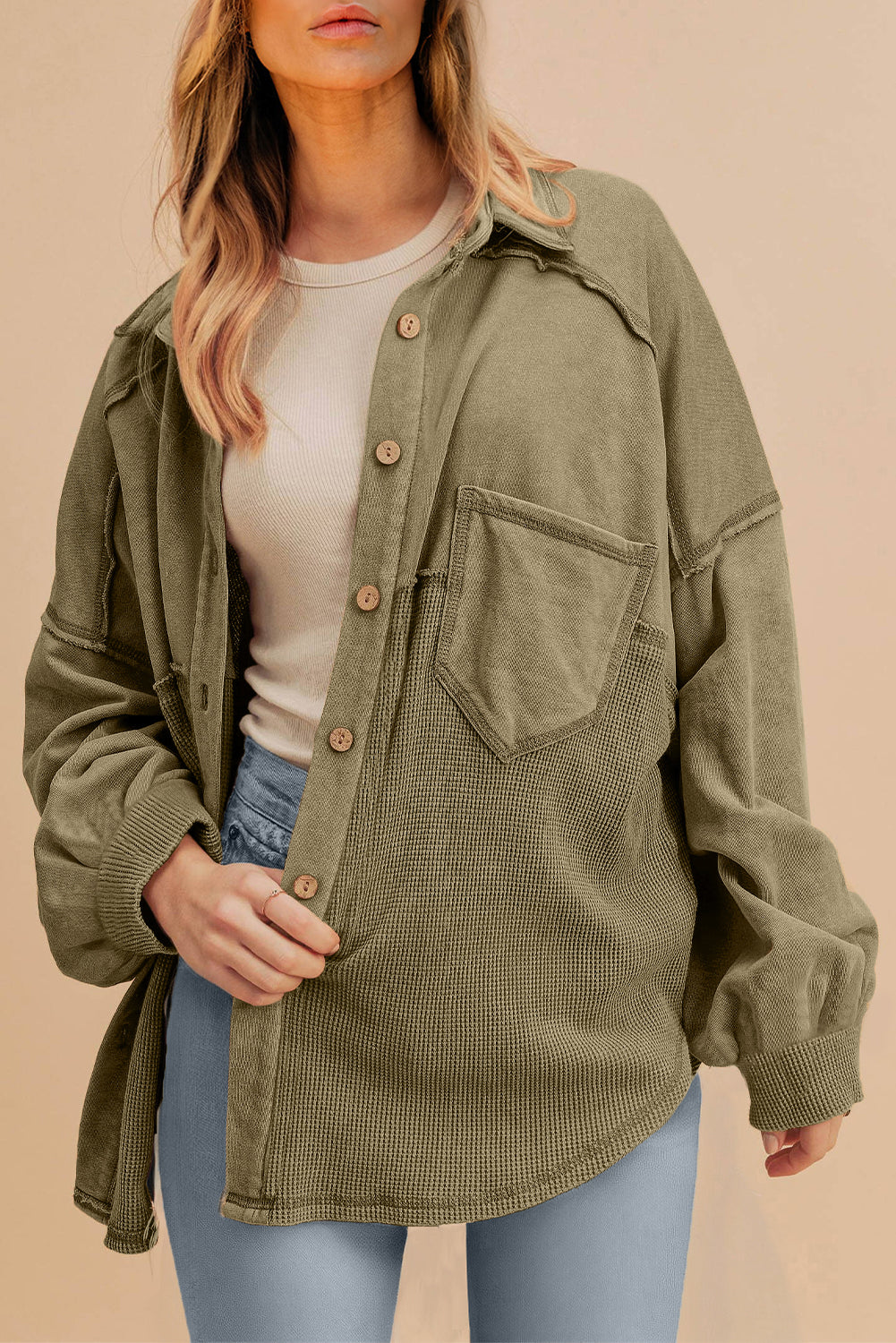 Moss Green Waffle Knit Patchwork Buttoned Oversized Shacket-Bella Boutique Collective