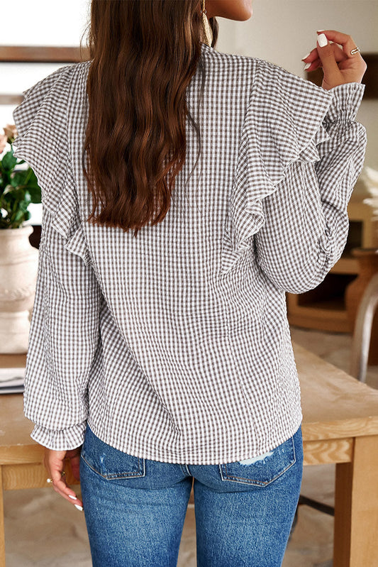 Brown Plaid Flounce Sleeve Notched Neck Ruffled Shirt-Bella Boutique Collective