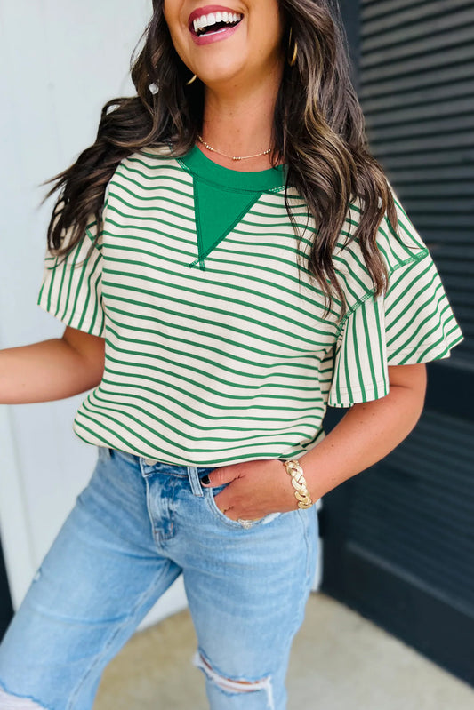 Bright Green Contrast Detail Striped Ruffle Short Sleeve Top-Bella Boutique Collective