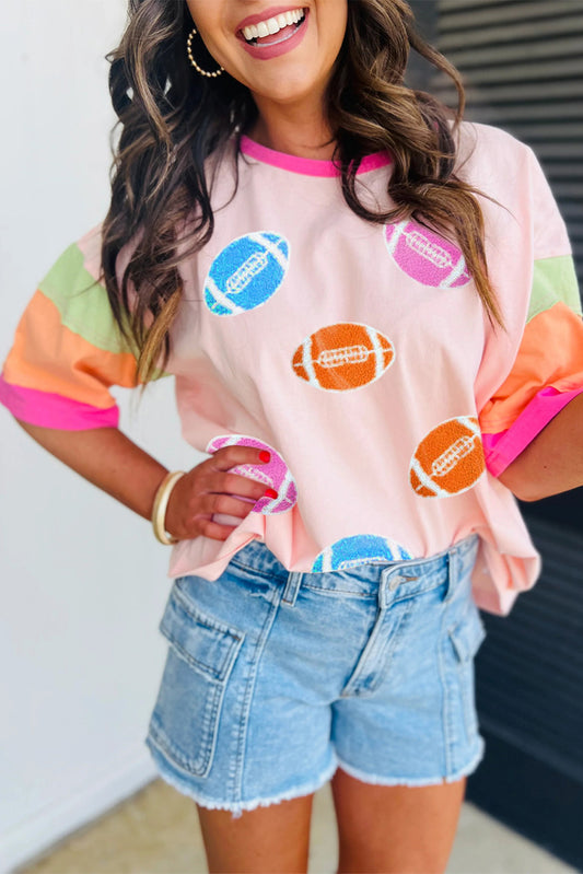 Pink Rugby Chenille Embroidered Color Block Half Sleeve T Shirt-Bella Boutique Collective
