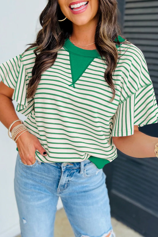 Bright Green Contrast Detail Striped Ruffle Short Sleeve Top-Bella Boutique Collective