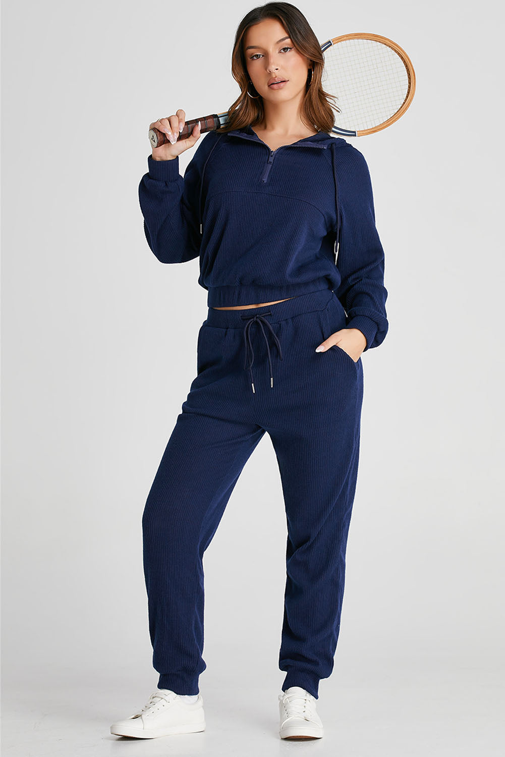 Navy Blue Ribbed Knit Cropped Hoodie and Drawstring Joggers Set-Bella Boutique Collective