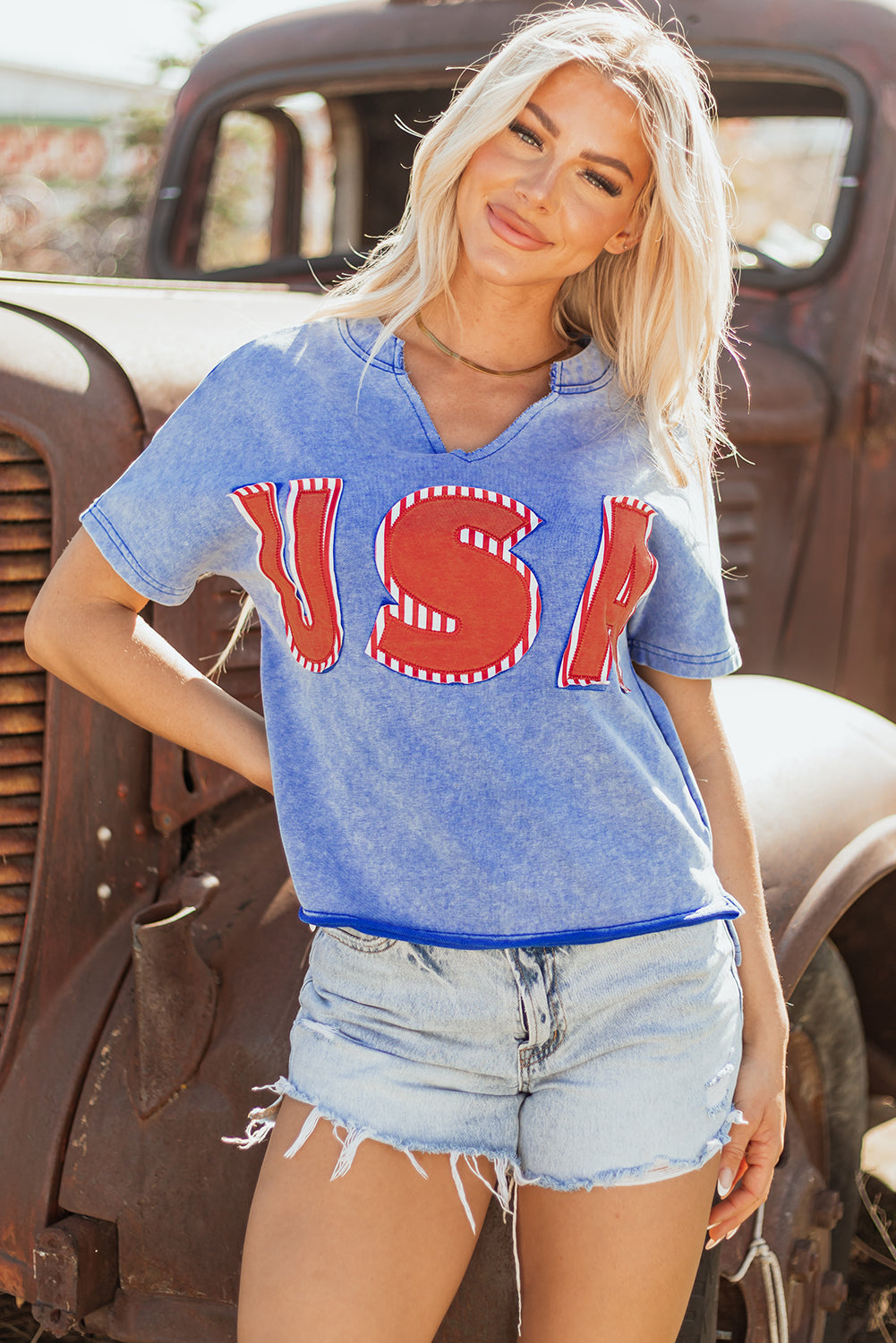 Sky Blue USA Patch Mineral Wash Notch V Neck Vintage Graphic T Shirt-Bella Boutique Collective