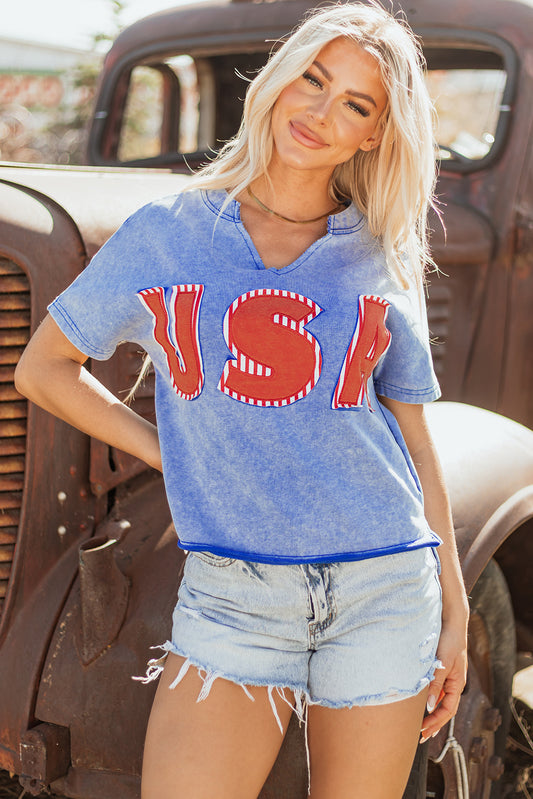 Sky Blue USA Patch Mineral Wash Notch V Neck Vintage Graphic T Shirt-Bella Boutique Collective