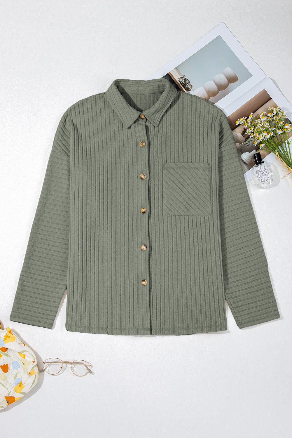 Mist Green Thermal Ribbed Texture Drop Shoulder Button Up Shacket-Bella Boutique Collective