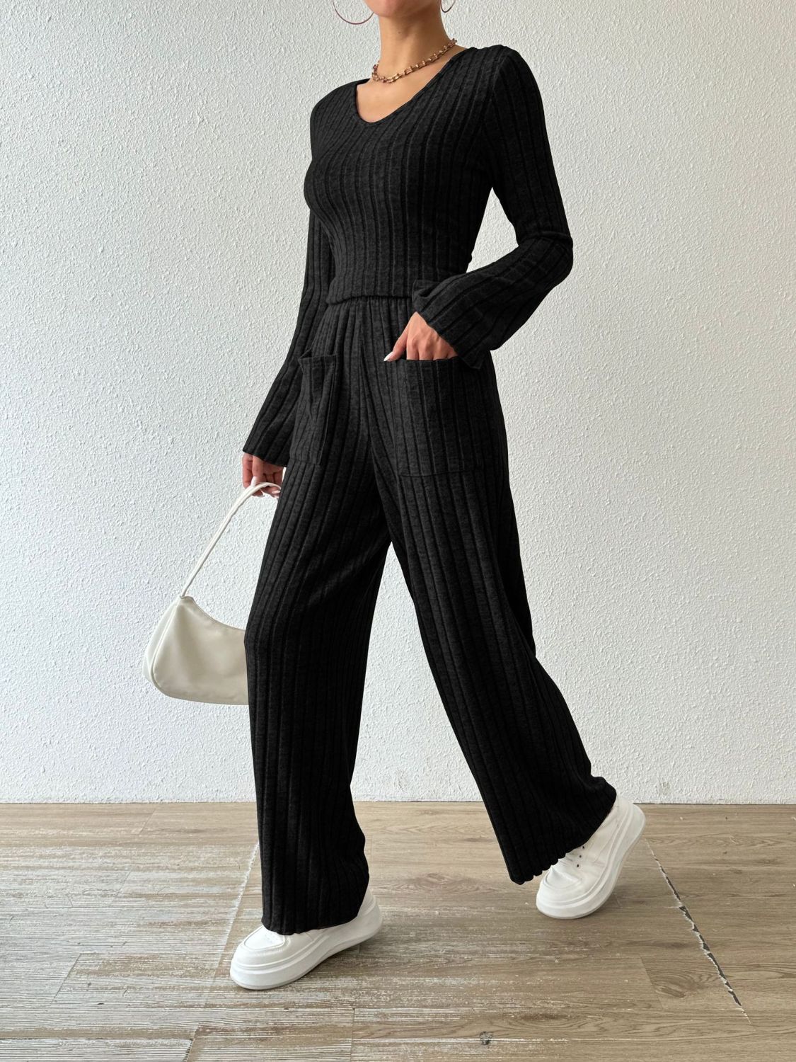 Ribbed V-Neck Long Sleeve Top and Pocketed Pants Set-Bella Boutique Collective