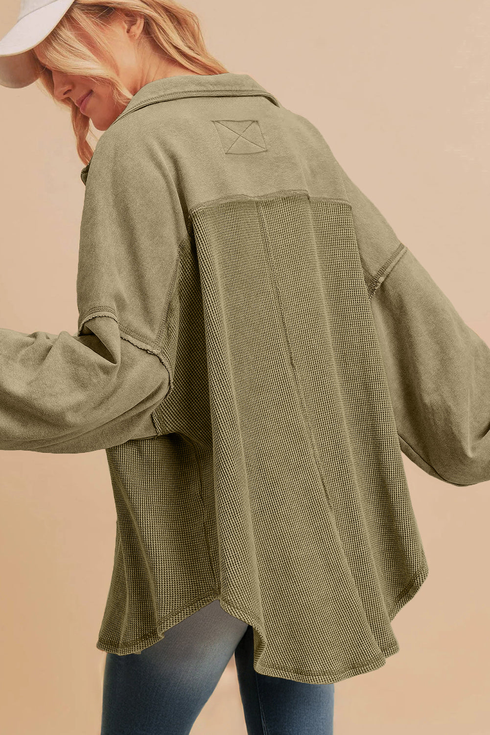 Moss Green Waffle Knit Patchwork Buttoned Oversized Shacket-Bella Boutique Collective