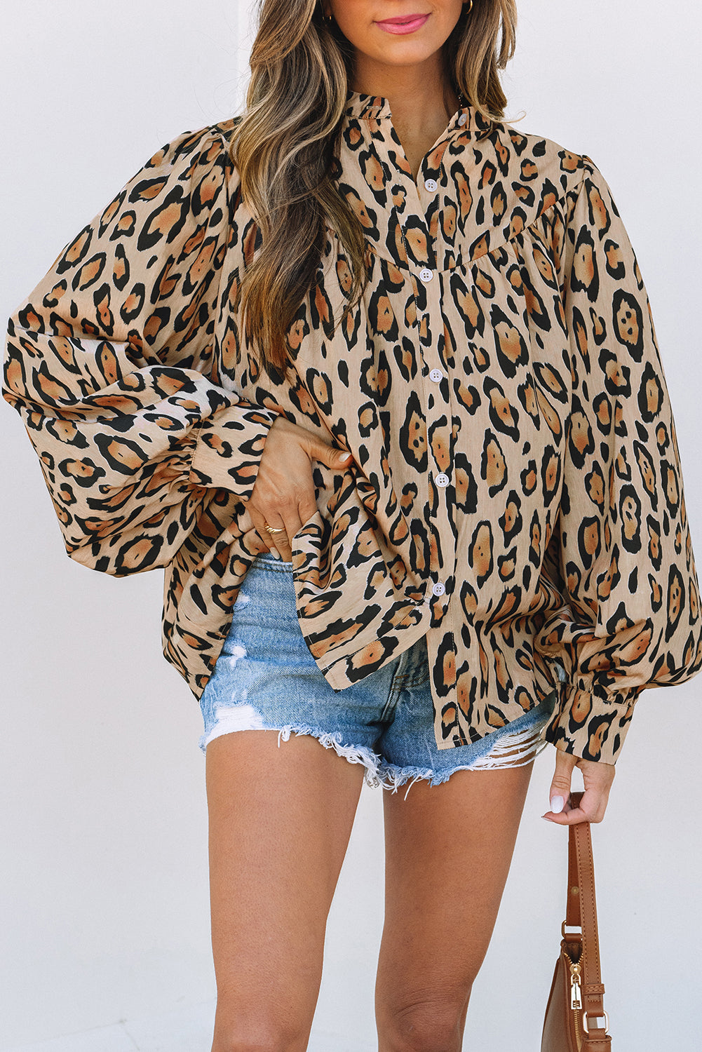 Light French Beige Oversized Leopard Print Balloon Sleeve Casual Shirt-Bella Boutique Collective