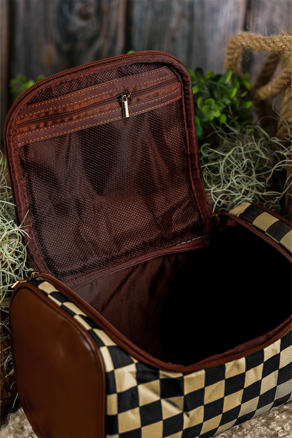 Black Checkered PU Leather Zipper Makeup Bag-Bella Boutique Collective
