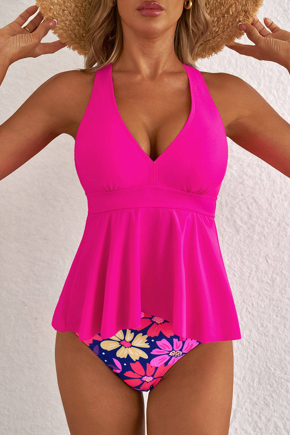 Rose V Neck Ruffled Hem Floral Bottom Tankini Set-Bella Boutique Collective