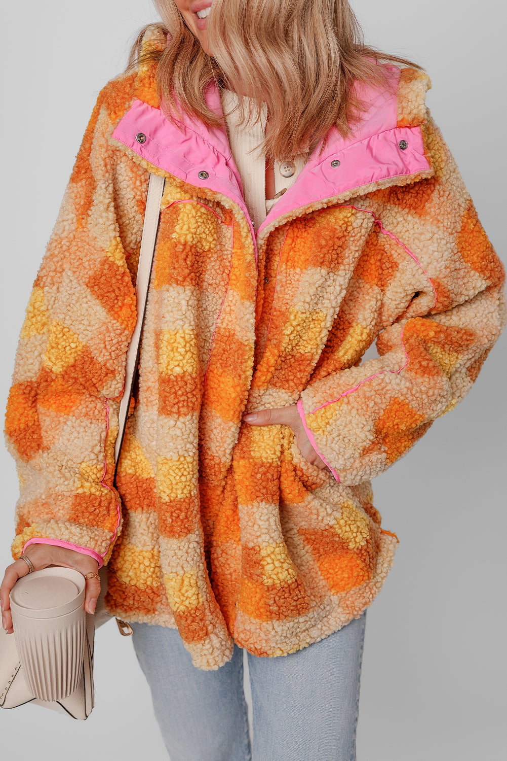 Orange Checkered Sherpa Hooded Jacket-Bella Boutique Collective