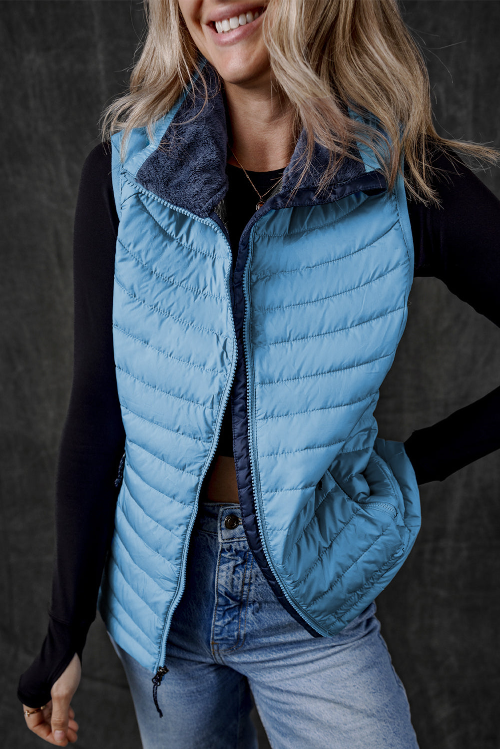 Sky Blue Plush Collared Quilted Zipped Puffer Vest-Bella Boutique Collective