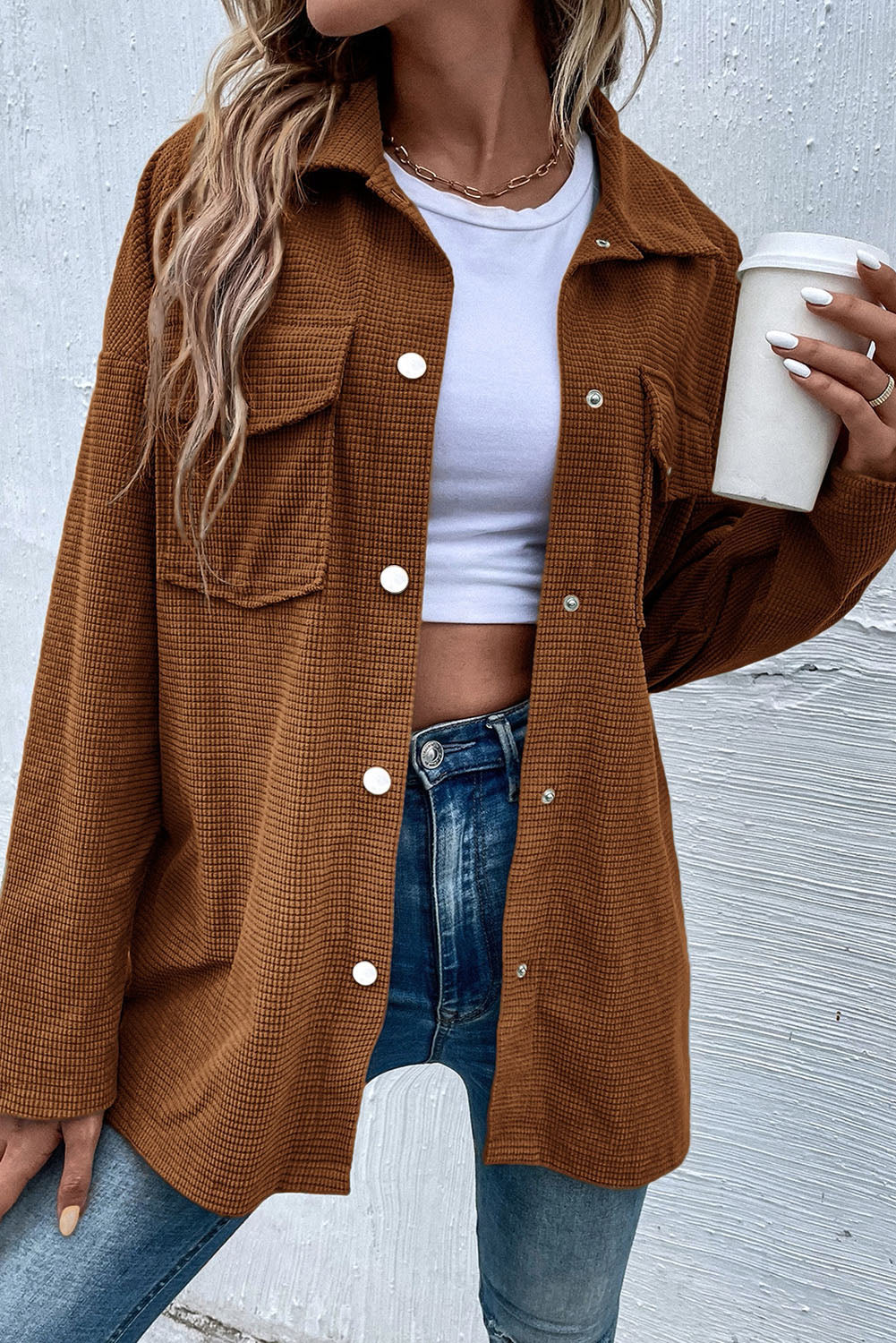 Brown Textured Flap Pocket Drop Shoulder Shacket-Bella Boutique Collective