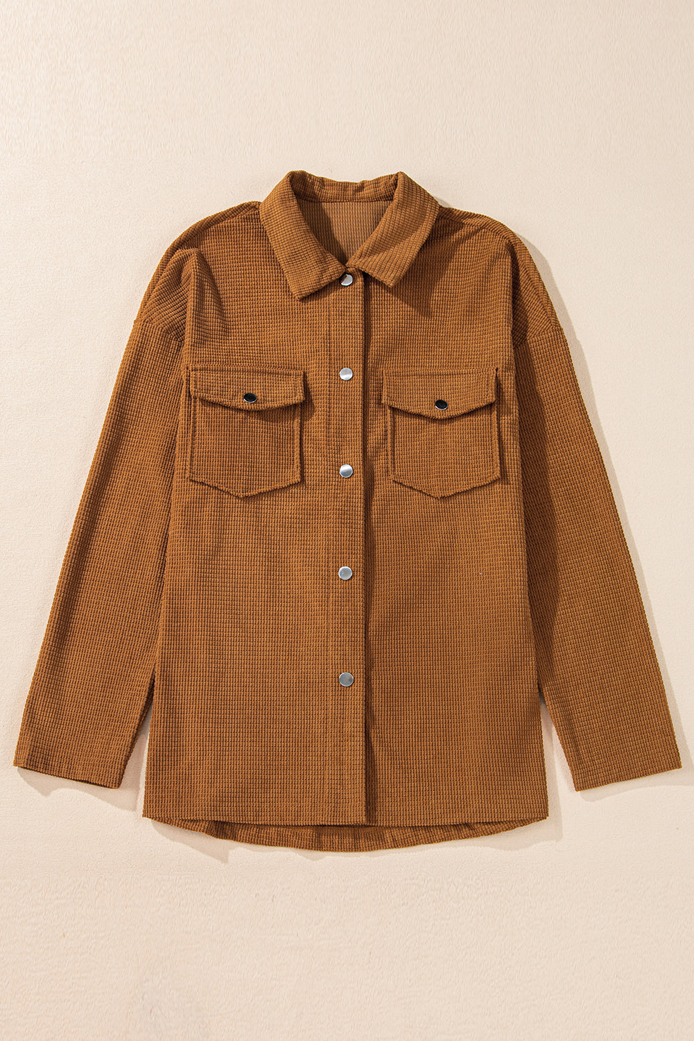 Brown Textured Flap Pocket Drop Shoulder Shacket-Bella Boutique Collective