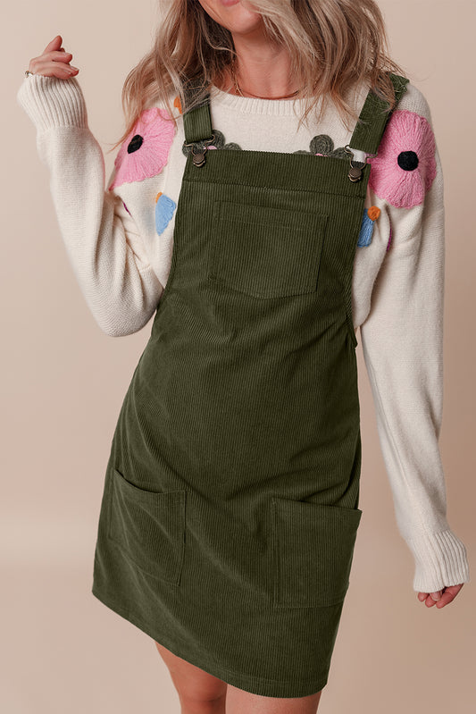 Vineyard Green Solid Front Pockets Sleeveless Corduroy Overall Dress-Bella Boutique Collective