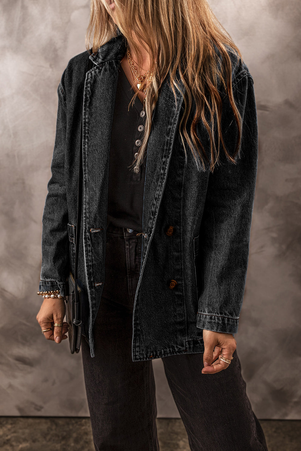 Black Side Pockets Lapel Collar Denim Jacket-Bella Boutique Collective