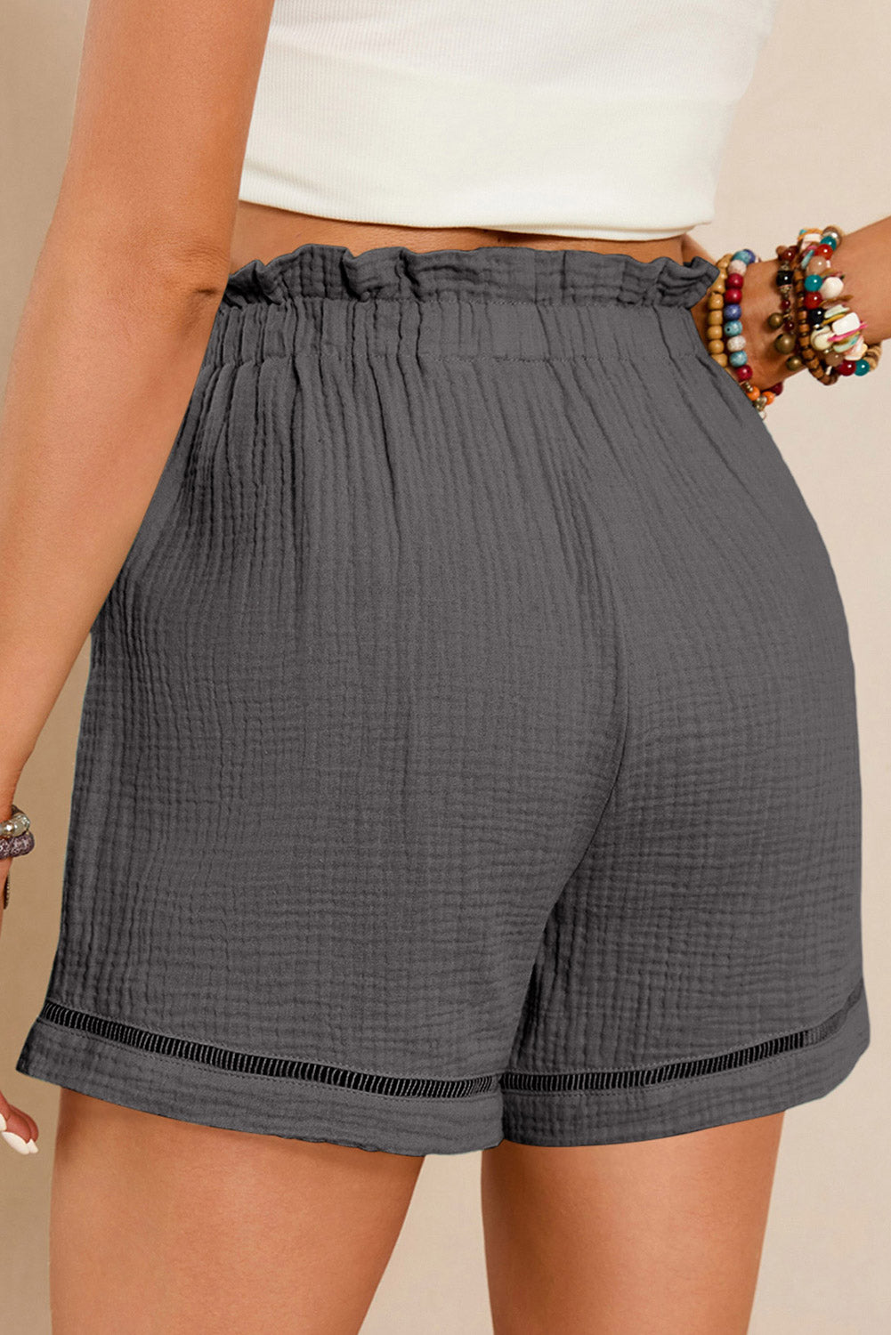 Dark Grey Cotton Gauze Paperbag Shorts-Bella Boutique Collective
