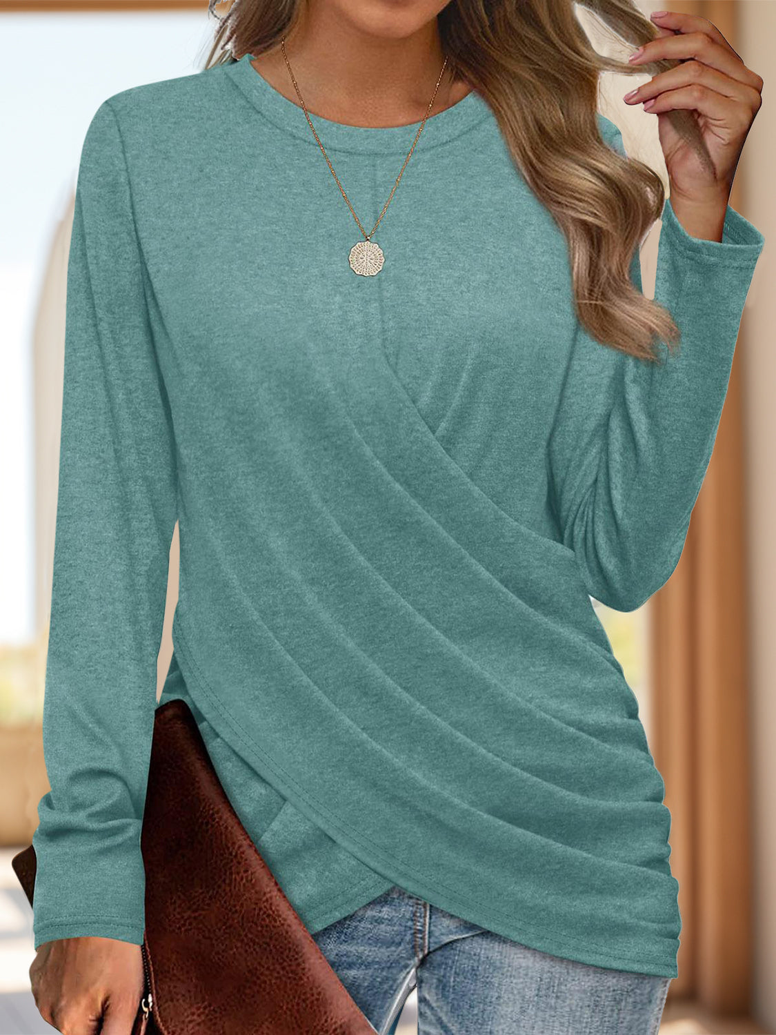 Ruched Round Neck Long Sleeve T-Shirt-Bella Boutique Collective
