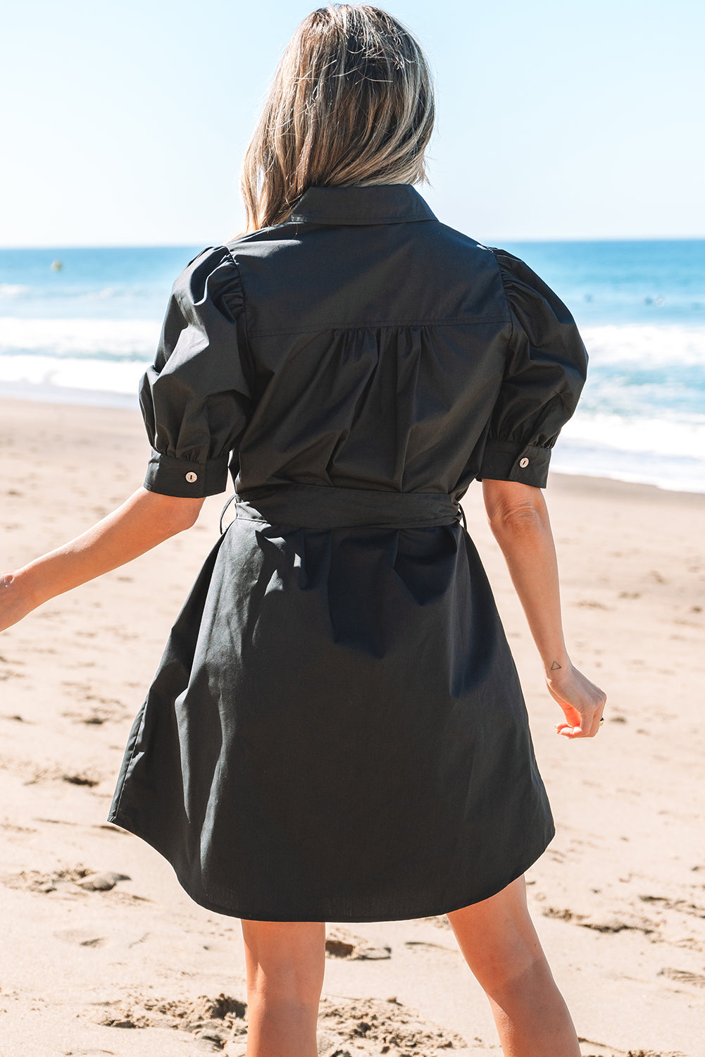 Black Button Up Tie Waist Puff Sleeve Mini Dress-Bella Boutique Collective