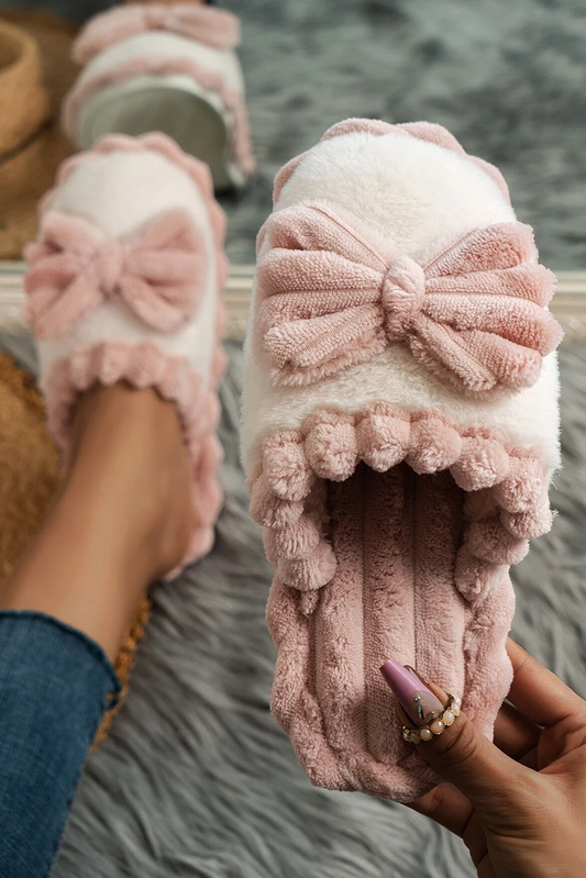 Fushia Bow Decor Color Block Ribbed Plush Slippers-Bella Boutique Collective