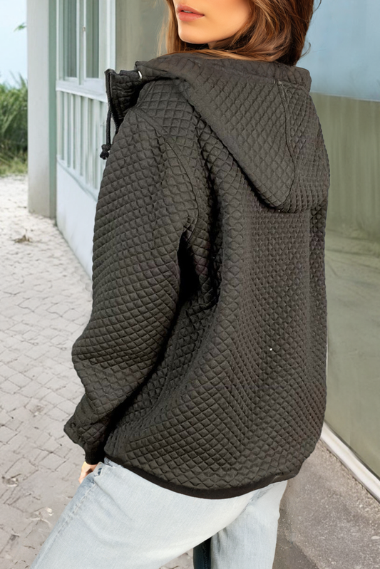 Black Quilted Side Pockets Zipper Hooded Jacket-Bella Boutique Collective