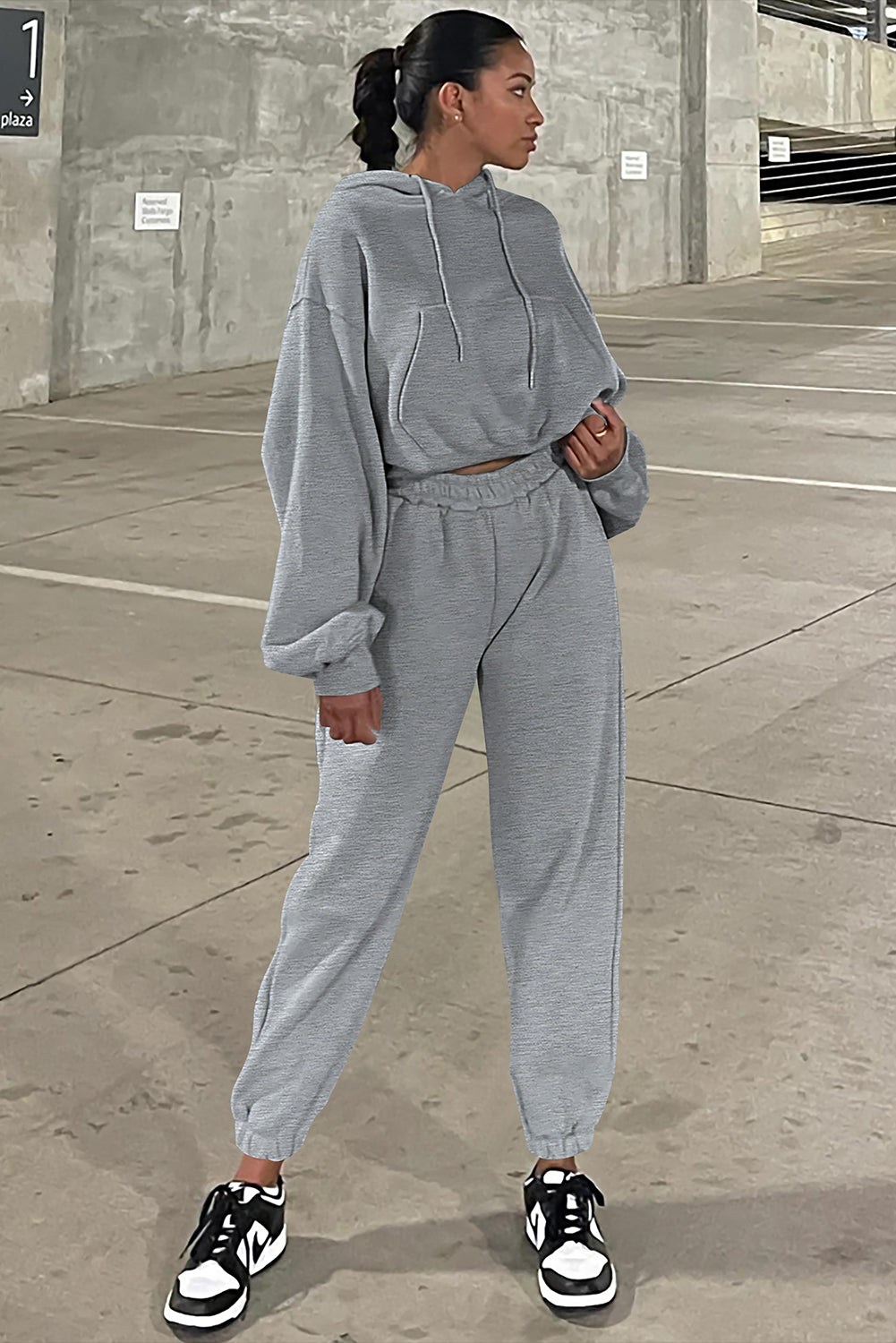 Gray Solid Drop Shoulder Hoodie and Joggers Activewear Set-Bella Boutique Collective