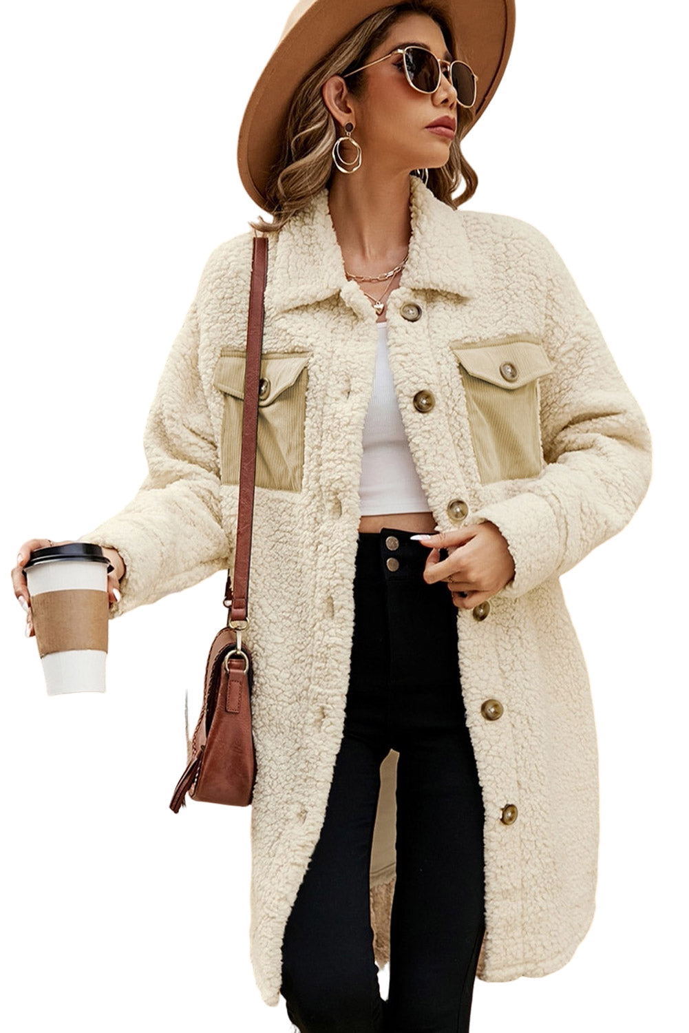 Beige Contrast Flap Pocket Single Breasted Teddy Coat-Bella Boutique Collective