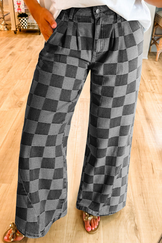 Dark Grey Checkered Denim Wide Leg Jeans-Bella Boutique Collective