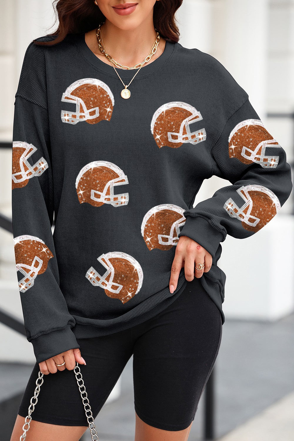 Sequin Helmet Round Neck Long Sleeve Sweatshirt-Bella Boutique Collective