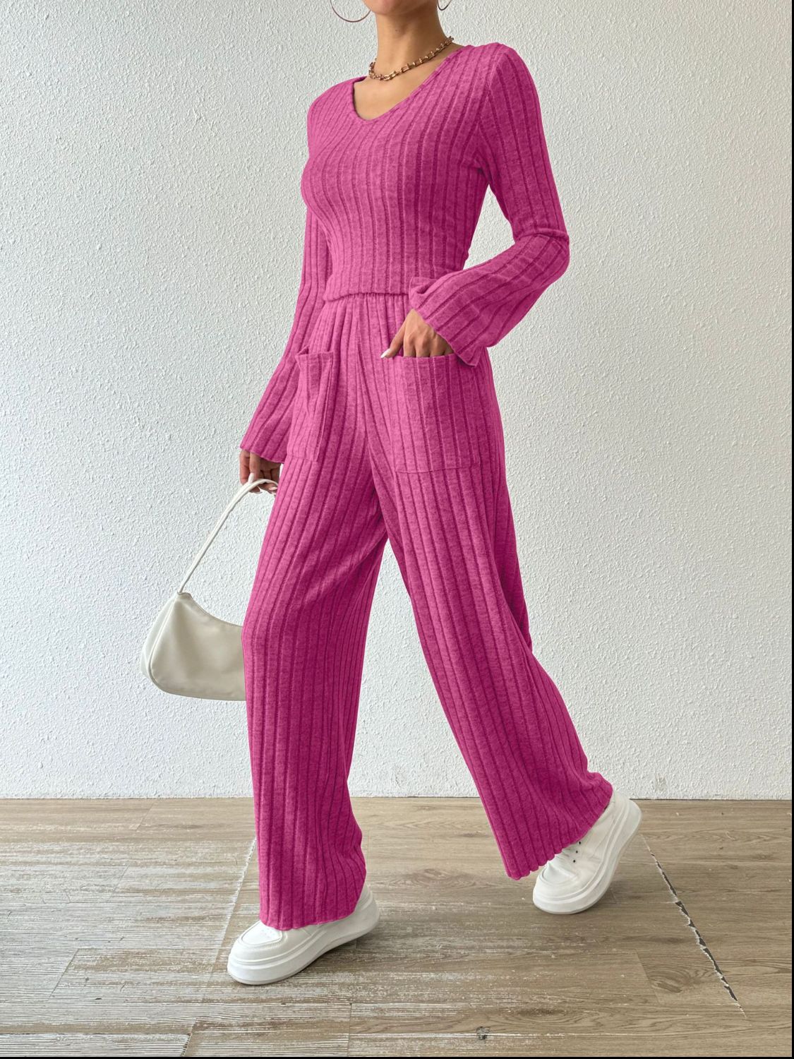Ribbed V-Neck Long Sleeve Top and Pocketed Pants Set-Bella Boutique Collective