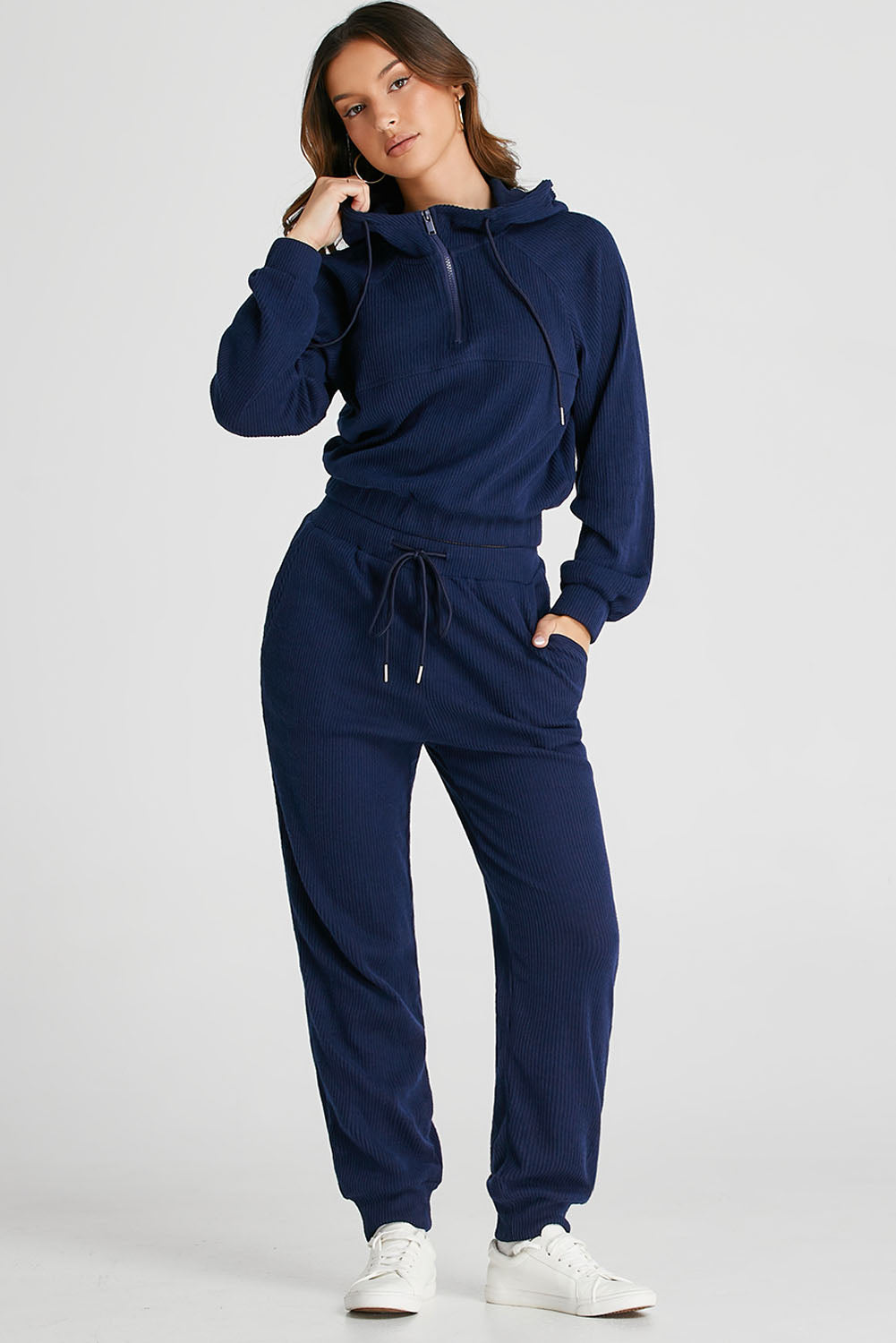 Navy Blue Ribbed Knit Cropped Hoodie and Drawstring Joggers Set-Bella Boutique Collective
