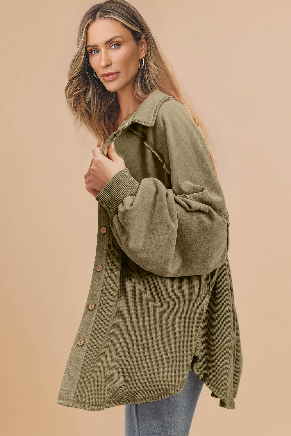 Moss Green Waffle Knit Patchwork Buttoned Oversized Shacket-Bella Boutique Collective