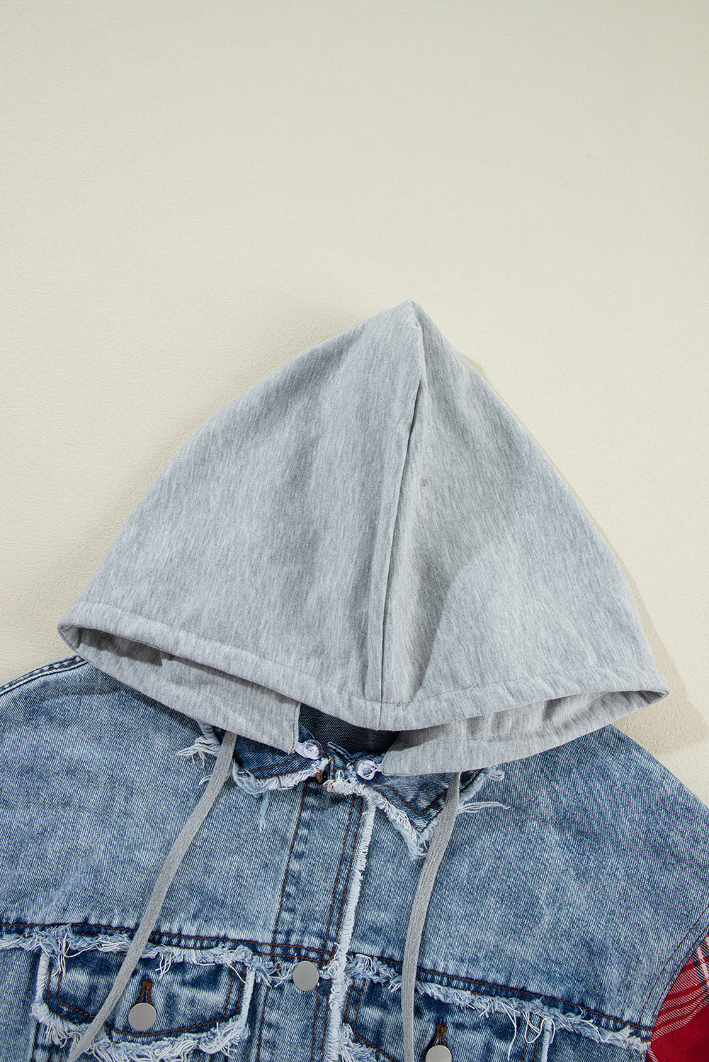 Beau Blue Plaid Print Patchwork Hooded Raw Hem Denim Jacket-Bella Boutique Collective