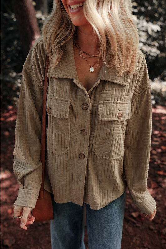 Dark Khaki Textured Chest Pocket Button-up Shacket-Bella Boutique Collective