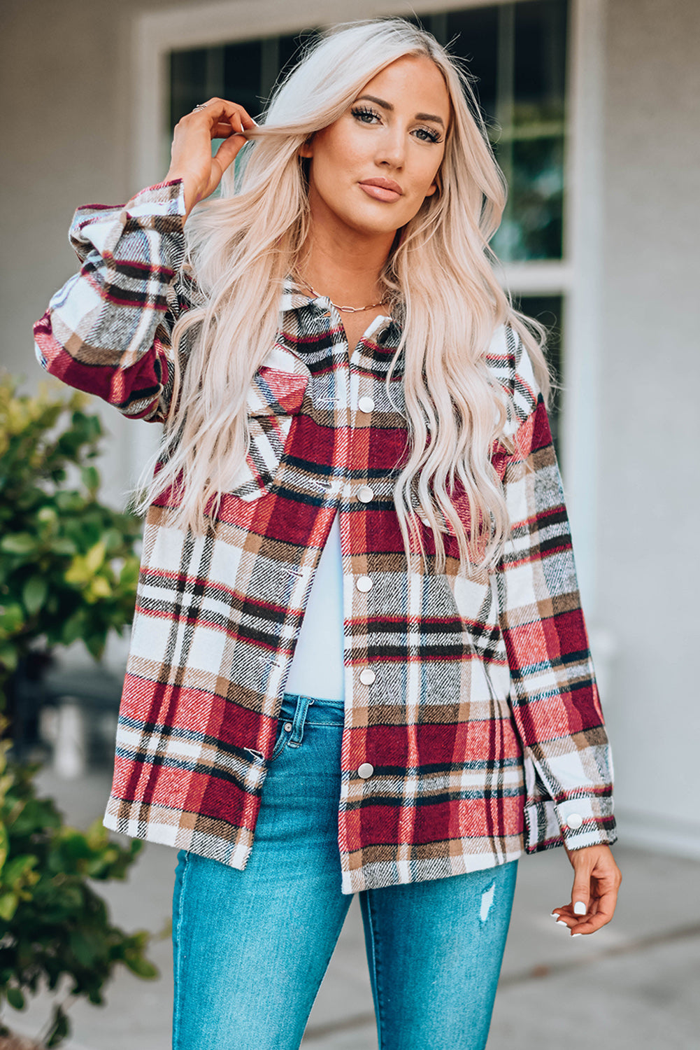 Fiery Red Geometric Plaid Print Pocketed Shacket-Bella Boutique Collective